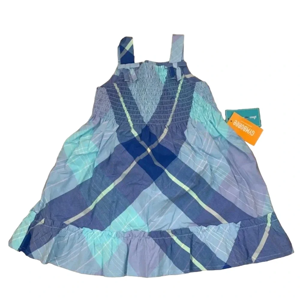 NWT Gymboree Blue Allover Plaid Cotton Poplin Smocked Dress